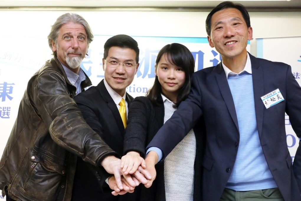 Pan-democrats Paul Zimmerman (left), Gary Fan, Agnes Chow and Edward Yiu in Admiralty on Monday. Photo: Sam Tsang