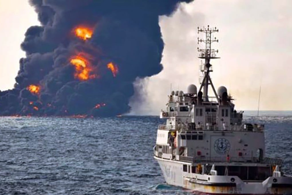 The Iranian oil tanker Sanchi burned for more than a week in the East China Sea before sinking on Sunday. Photo: China’s Ministry of Transport