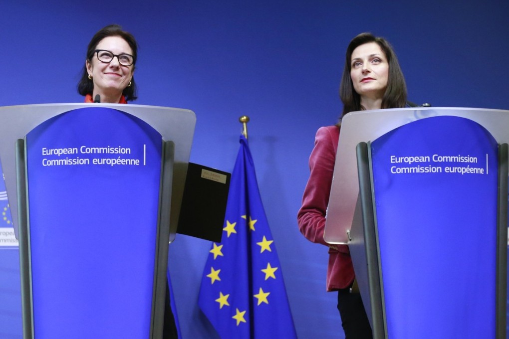 European Commissioner for Digital Economy and Society Mariya Gabriel (right) is seen with Madeleine de Cock Buning from Utrecht University, who is now the chair of a new High Level Group on fake news and online disinformation on Monday in Brussels, Belgium. Photo: EPA-EFE