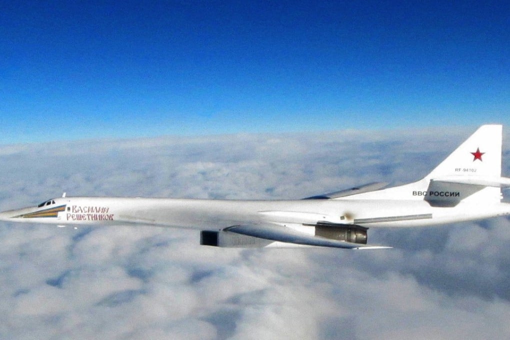 A handout photo made available by the British Ministry of Defence showing a Russian Blackjack Tupolev Tu-160 long-range bomber after a British Royal Air Force (RAF) Typhoon aircraft (not pictured) was scrambled from RAF Lossiemouth, Scotland, on Monday. Photo: British Ministry of Defence via EPA-EFE