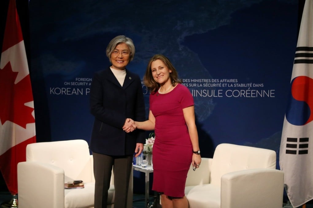 Canada’s Minister of Foreign Affairs Chrystia Freeland (right) greets her South Korean counterpart Kang Kyung-wha in Vancouver on Monday. Photo: Reuters