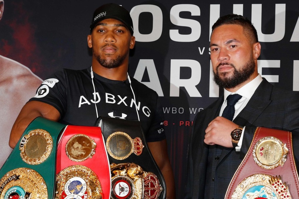 Anthony Joshua (left) and Joseph Parker attend a press conference in central London to promote their March 31 world heavyweight title unification bout. Photo: AFP