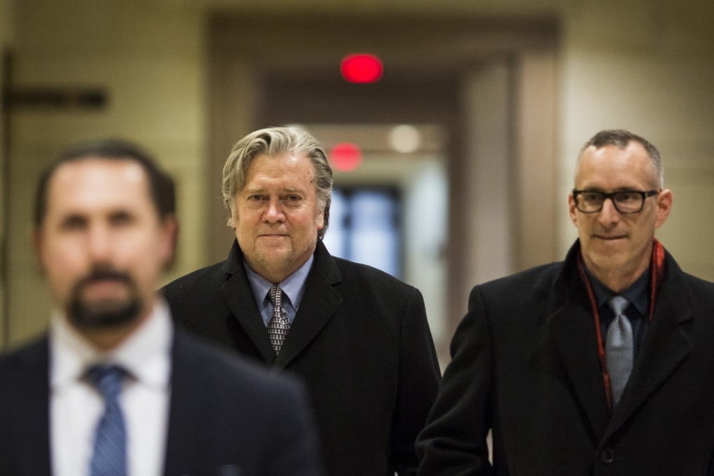 Ex-Trump aide Steve Bannon is seen after testifying before the House Intelligence Committee on Capitol Hill in Washington on Tuesday. Bannon refused to answer questions about private discussions, citing executive privilege - reportedly at the request of the White House. On Wednesday Bannon reportedly cut a deal to be interviewed by Robert Mueller’s team as part of a separate investigation into Russian meddling - helping him avoid a grand jury. Photo:Bloomberg