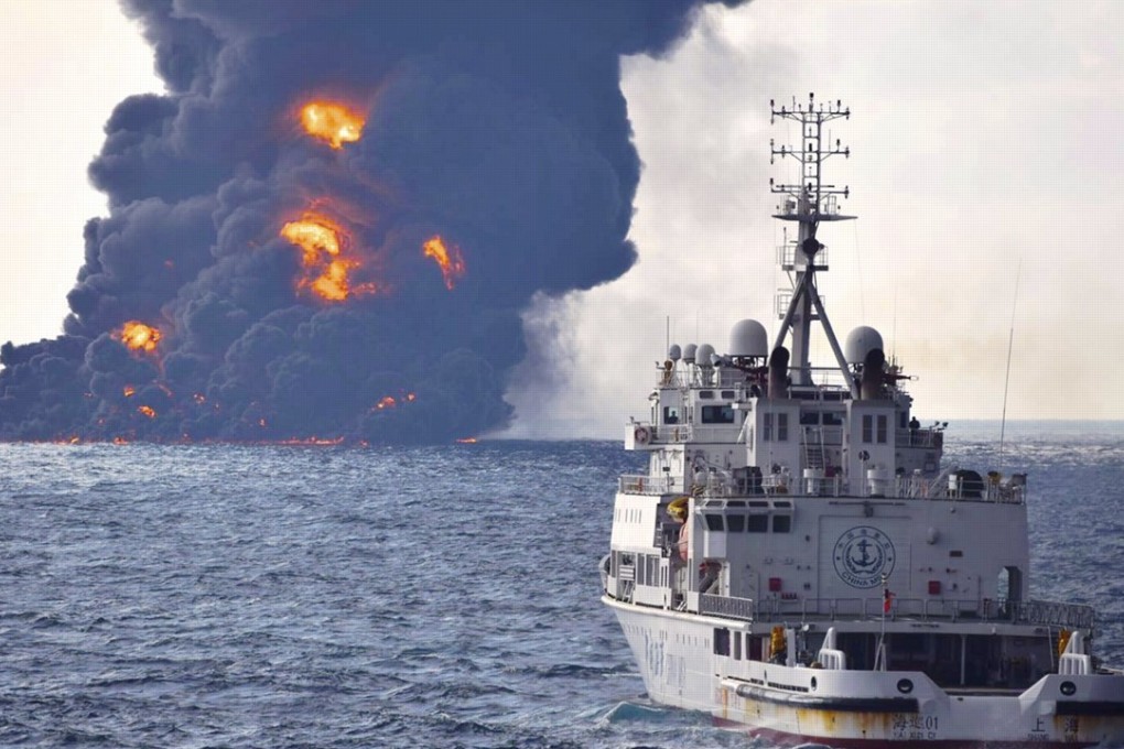 A handout photo shows the fire on the Panama-registered tanker ‘Sanchi’ after a collision with Hong Kong-registered freighter ‘CF Crystal,’ off China’s eastern coast, 14 January 2018. Photo: EPA-EFE