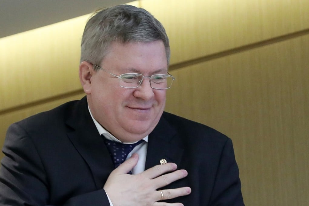 The Deputy Governor of the Bank of Russia, Alexander Torshin, attends a plenary meeting of the Russian Federation Council on March 29, 2017 in Moscow. Torshin is being investigated by the FBI for possibly giving millions of dollars to the US gun lobby, the NRA, to help Trump win the 2016 election. Photo: TASS/Zuma Press/TNS