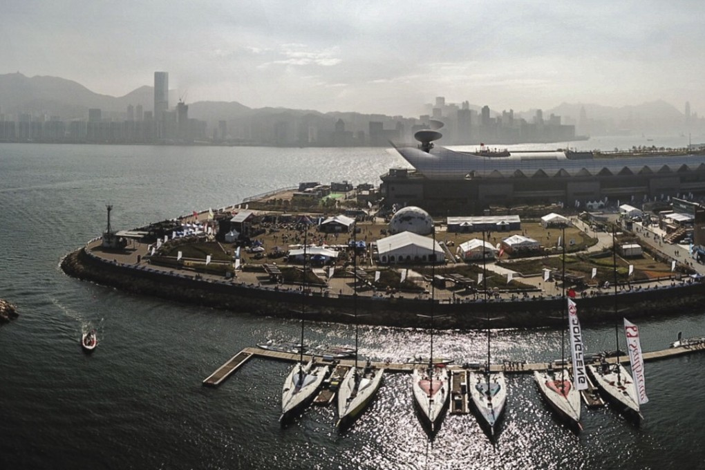 A panoramic view of the Volvo Ocean Race yachts docked at the Kai Tak Runway Park in Kowloon City. Photo: Roy Issa