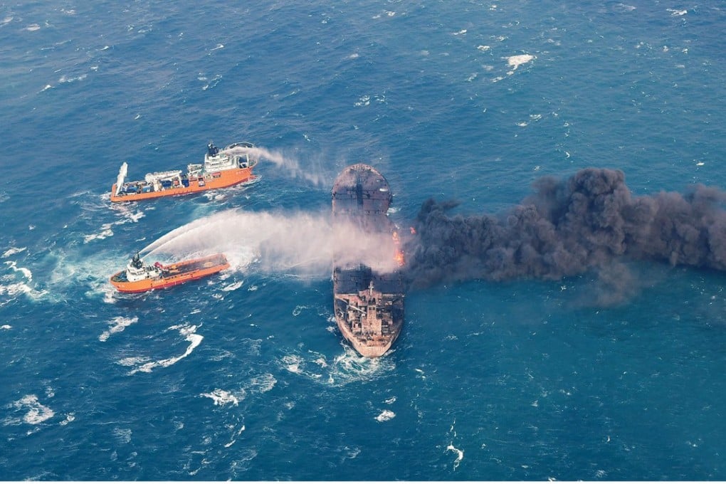 Emergency vessels work to put out an oil fire before the tanker Sanchi sank in the East China Sea. The slick has expanded to cover more than 330 sq km. Photo: AP