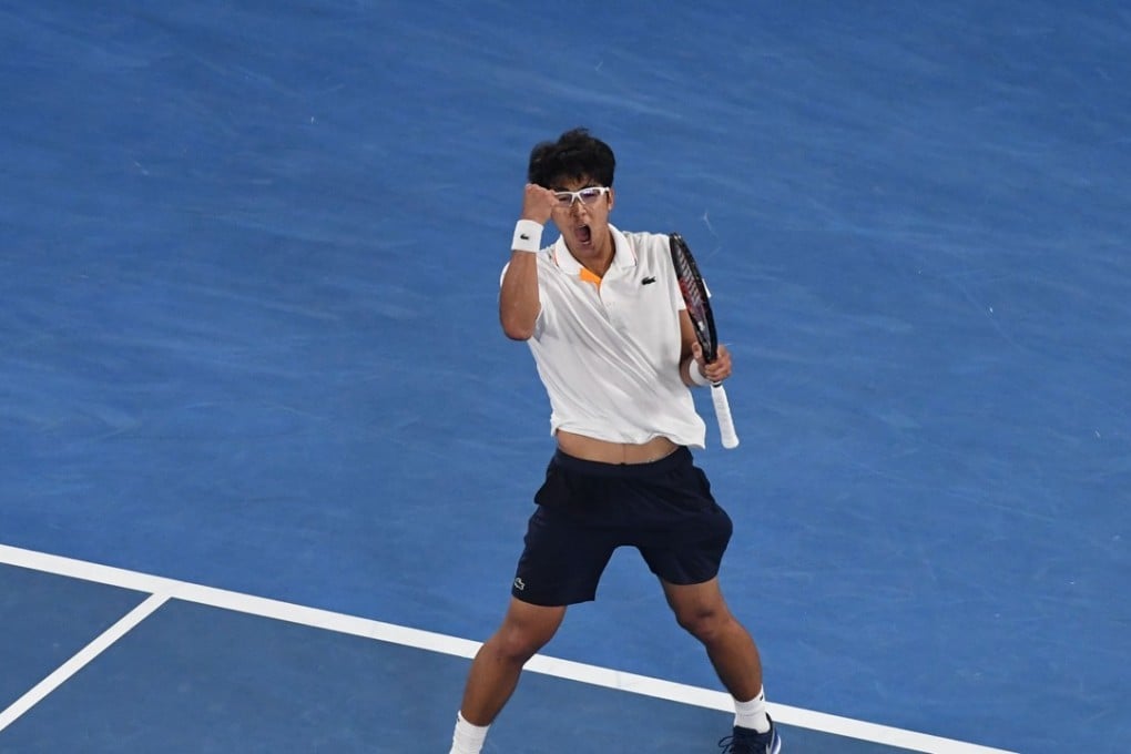 Chung Hyeon of South Korea celebrates winning a point off Novak Djokovic of Serbia during the Australian Open. Photo: EPA