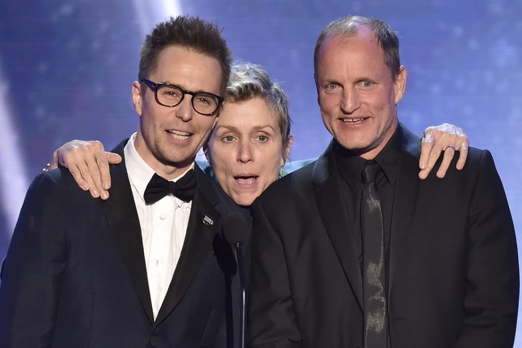 Sam Rockwell (left), Frances McDormand and Woody Harrelson, nominees for outstanding performance by a cast in a motion picture for “Three Billboards Outside Ebbing, Missouri”, introduce a clip from their film at the 24th annual Screen Actors Guild Awards at the Shrine Auditorium in Los Angeles on Sunday. Photo: AP