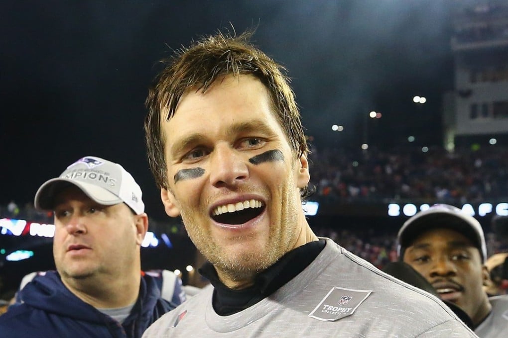 Tom Brady of the New England Patriots reacts after winning the AFC Championship game against the Jacksonville Jaguars. photo: AFP