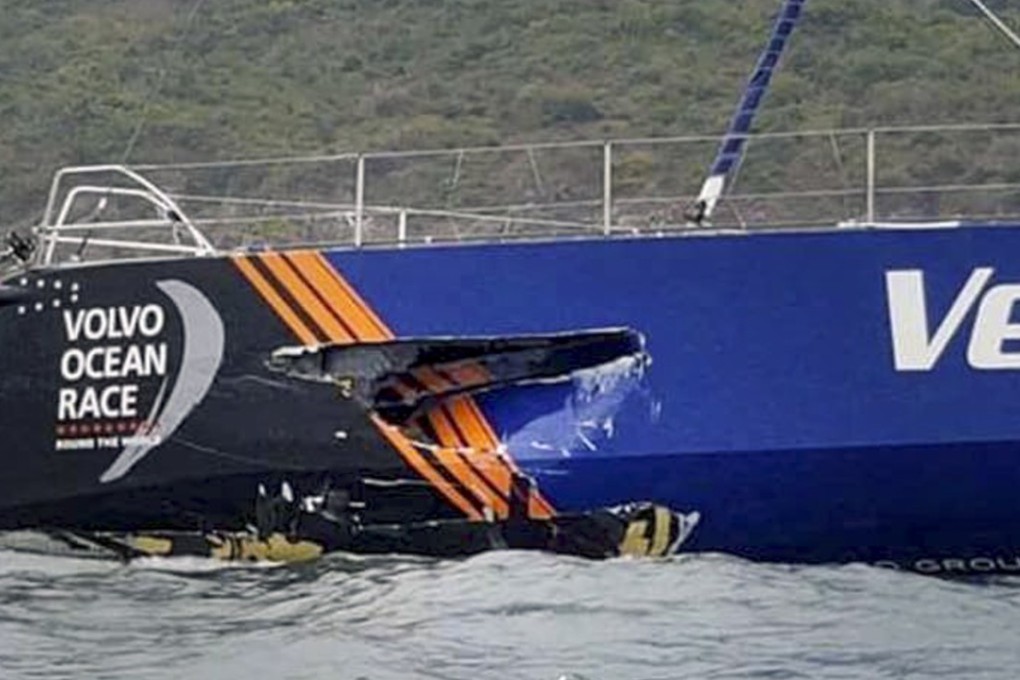 Damage to Vestas 11th Hour after a collision with a fishing boat 30nm from the finish of Leg. Photo: Volvo Ocean Race