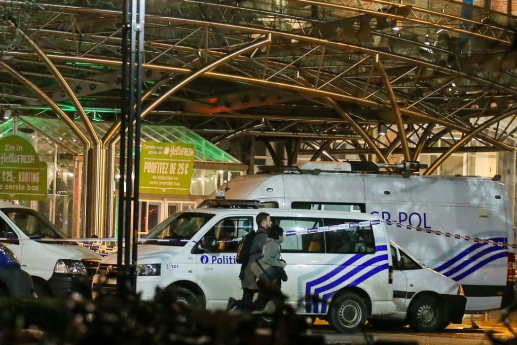 Police vans in front of the Ghent Sint-Pieters train station, after a shooting incident, in Ghent, Belgium, on Tuesday. Police have shot a man armed with a knife at the main railway station in the western Belgian city. Photo: EPA-EFE