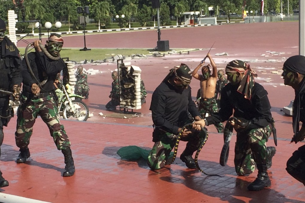 Indonesian special forces demonstrate snake-handling. Photo: AP