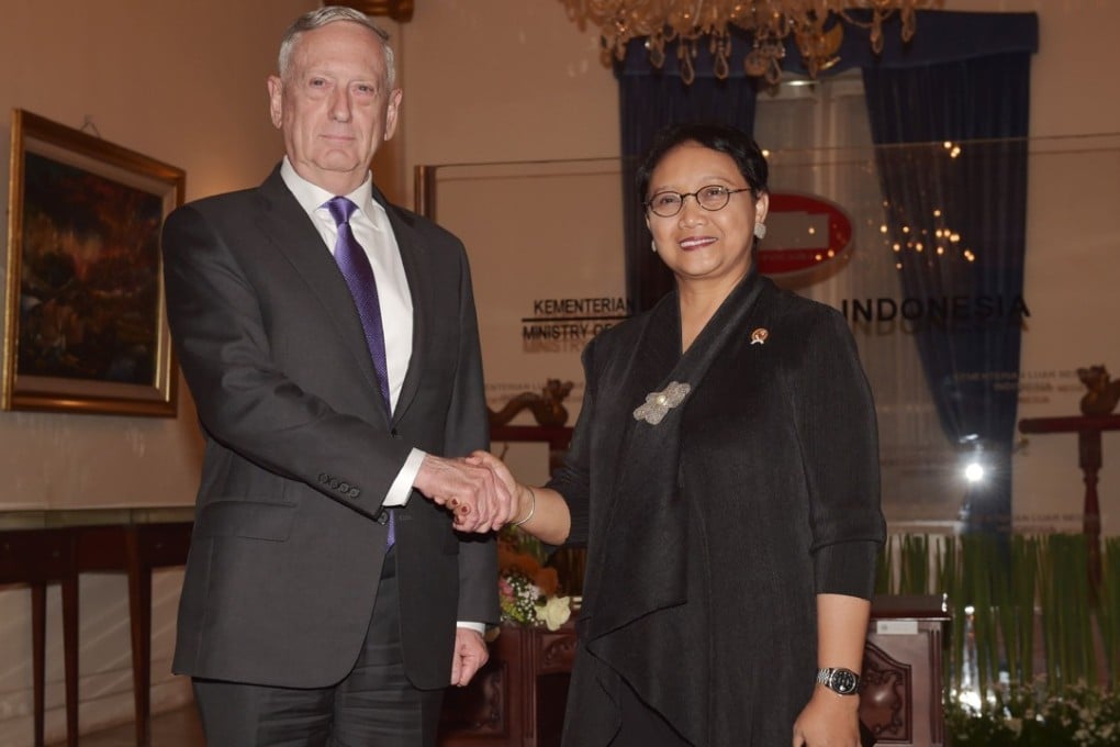 US Defence Secretary James Mattis shakes hands with Indonesian Foreign Minister Retno Marsudi during his visit to Indonesia. Mattis backed the country renaming waters north of the Natuna islands in the area, a move that may irritate Chine. Photo: AFP