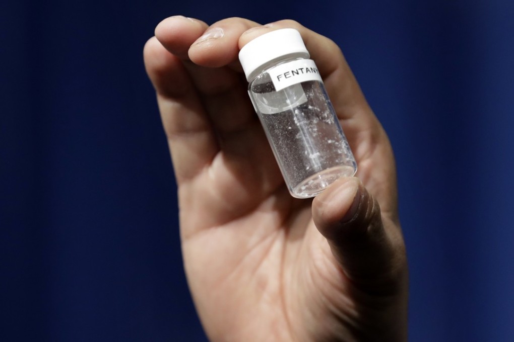 A sample of the amount of fentanyl that can be deadly is displayed after a news conference about deaths from fentanyl exposure, at US DEA Headquarters in Arlington Virginia, last June. Photo: AP
