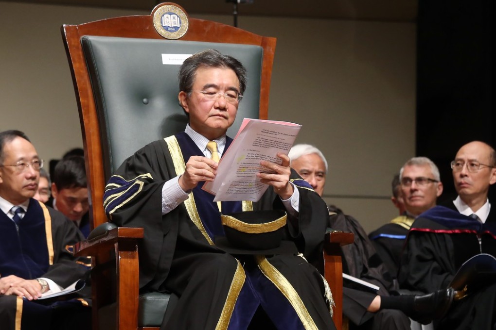 Some of the posters attacked Baptist University vice-chancellor Roland Chin (centre) over the suspension of two students. Photo: Dickson Lee