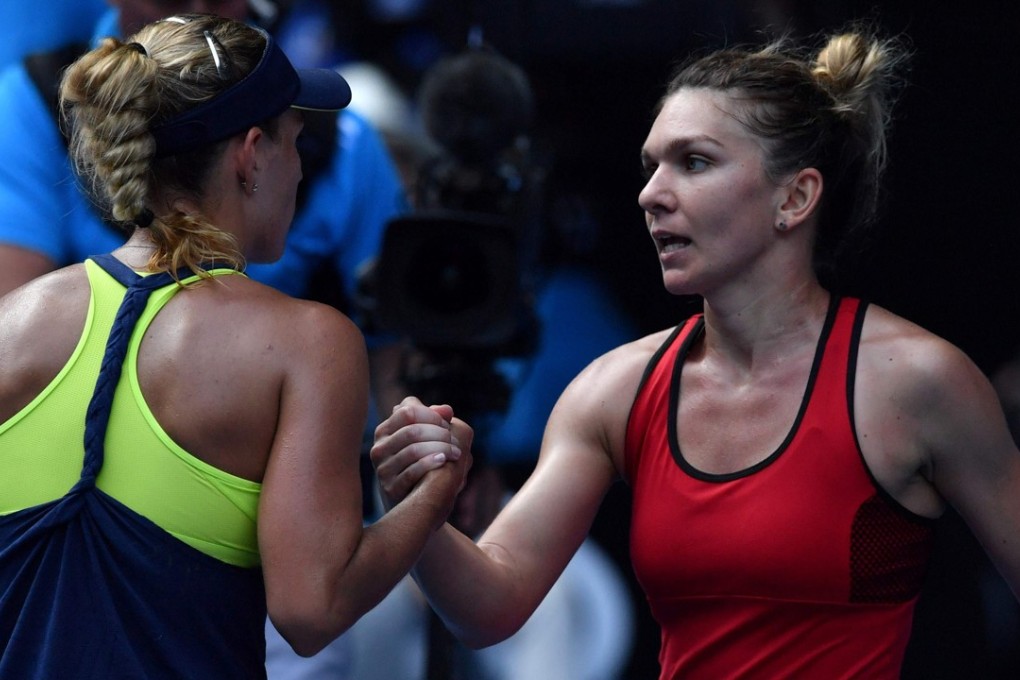 Simona Halep (right) shakes hands with Angelique Kerber after progressing to the final of the Australian Open. Photo: AFP
