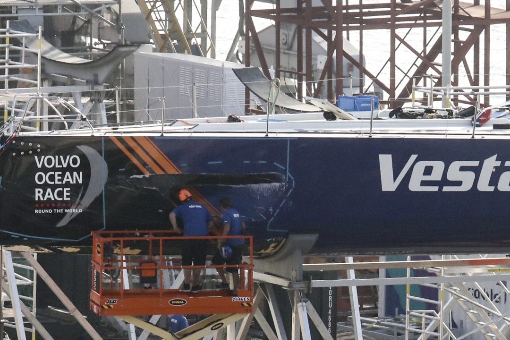 The Vestas 11th Hour Racing vessel is docked at Tsing Yi after suffering damage in a collision. Photo: Felix Wong