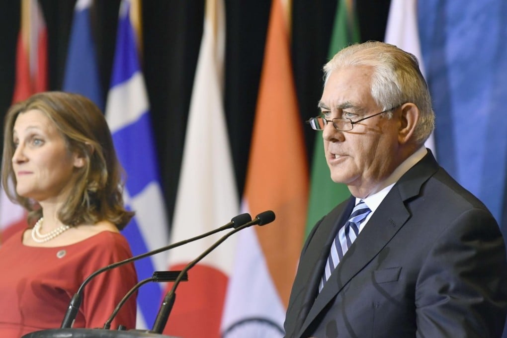 Canadian Foreign Minister Chrystia Freeland and US Secretary of State Rex Tillerson hold a joint press conference after a meeting of foreign ministers from 20 countries in Vancouver on January 16. Photo: Kyodo