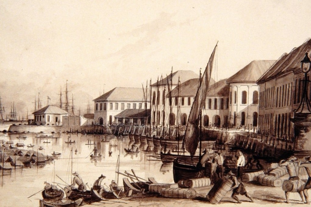 A watercolour and ink impression of Singapore by Charles Dyce. The River from Monkey Bridge was painted between 1842 and 1843. It shows a bridge now known as Elgin Bridge.