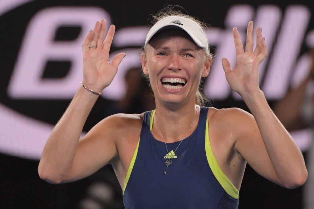 Caroline Wozniacki celebrates winning the Australian Open. Photo: EPA