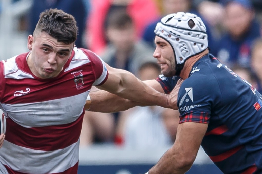 HK Scottish hooker Shea Turner (right) prepares to tackle in his side’s win over Kowloon. Photo: HKRU