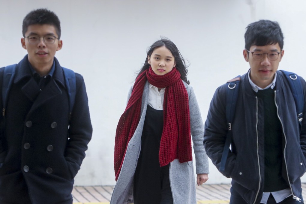 (From left): Joshua Wong, Agnes Chow and Nathan Law were interviewed on radio on Monday, after Chow was banned from contesting the upcoming Legco by-election. Photo: Winson Wong