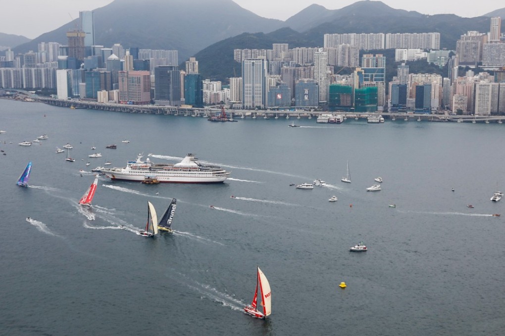 Volvo Ocean Race yachts compete in an in-port race in Victoria Harbour, Hong Kong. Photo: Ainhoa Sanchez/Volvo Ocean Race