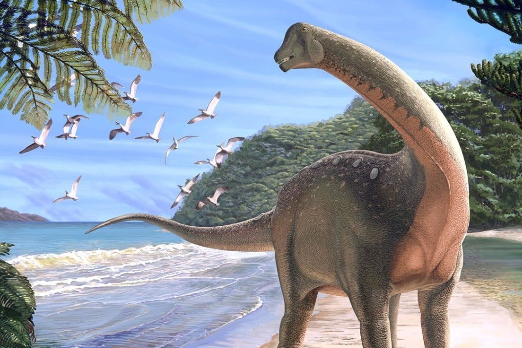 An artist’s reconstruction of the titanosaurian dinosaur Mansourasaurus shahinae on a coastline in what is now the Western Desert of Egypt approximately 80 million years ago. Graphic: Reuters / Andrew McAfee/Carnegie Museum of Natural History