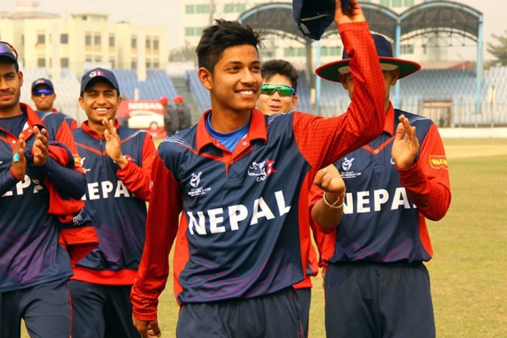 Sandeep Lamichhane acknowledges the crowd while playing for Nepal. Photo: Handout