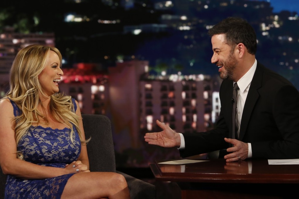 Adult film star Stormy Daniels with host Jimmy Kimmel. Photo: AP