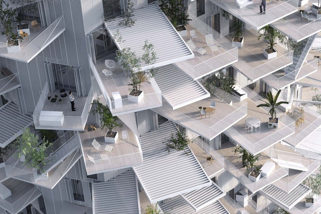 Each of the 120 flats at L’Arbre Blanc in southern France have a deep cantilevered balcony.