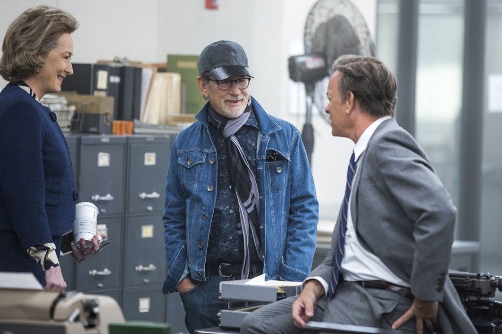 Meryl Streep, director Steven Spielberg and Tom Hanks on the set of The Post. Photo: Niko Tavernise