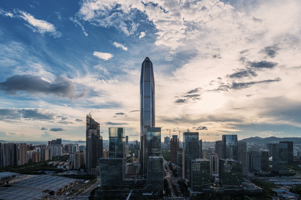 Futian, Shenzhen, at dusk with the Ping An International Finance Centre tower in the background.