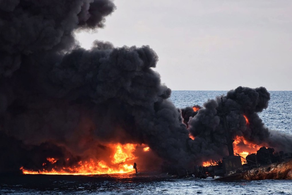 Smoke and flames rose from the burning oil tanker Sanchi after it collided with the CF Crystal, a Hong Kong-registered bulk freighter, on January 6. Photo: AFP