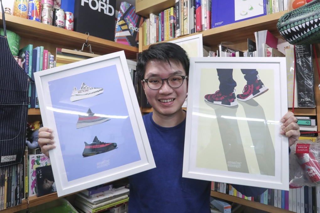 Illustrator Stanley Wong with his sneaker print illustrations. Picture: Jonathan Wong