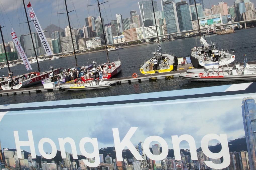 High speed endurance race sailing boats are moored at a jetty in the finish area of the Volvo Ocean Race. Photo: EPA