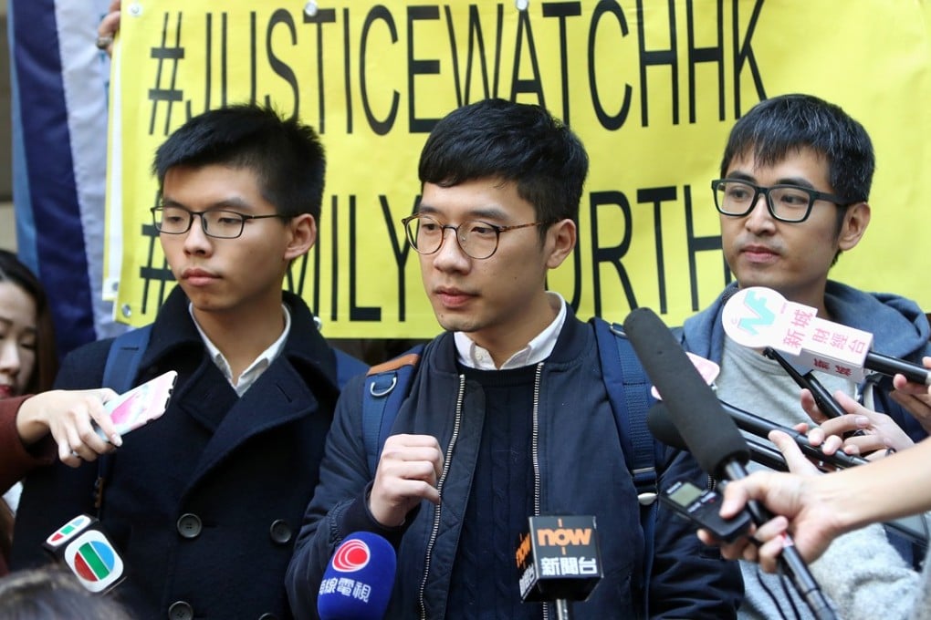 (left to right): Former student leaders Joshua Wong Chi-fung; Nathan Law Kwun-chung; and Alex Chow Yong-kang. Photo: Winson Wong