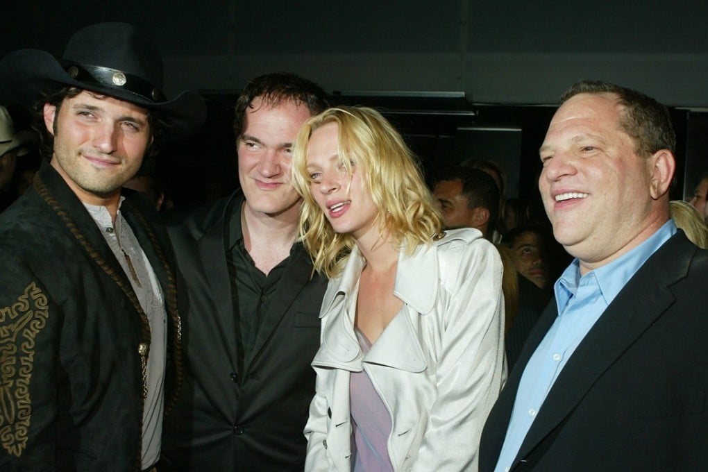 From left: director/musician Robert Rodriguez, director Quentin Tarantino, actress Uma Thurman and Harvey Weinstein at the after-party for Kill Bill Vol. 2. Photo: AFP