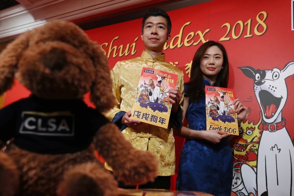 CLSA research associates Alec So and Sally Chan at the Feng Shui Index 2018 media briefing in Hong Kong. Photo: Nora Tam