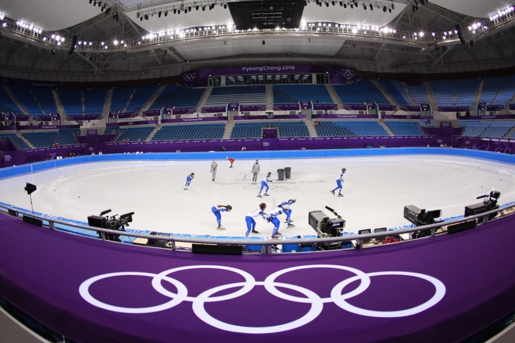 Short track speed skaters of Olympic Athletes from Russia (OAR) and North Korea practice during a training session prior to the Pyeongchang 2018 Winter Games. Photo: EPA