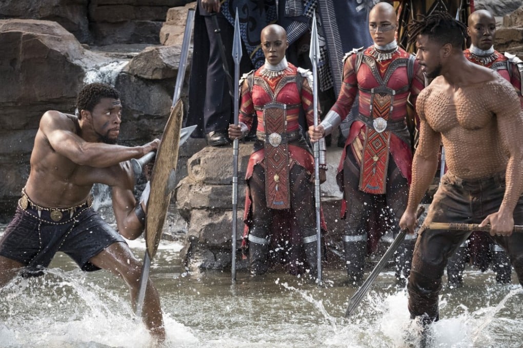 Chadwick Boseman (left) and Michael B. Jordan in Black Panther (category IIA), directed by Ryan Coogler and also starring Lupita Nyong’o.