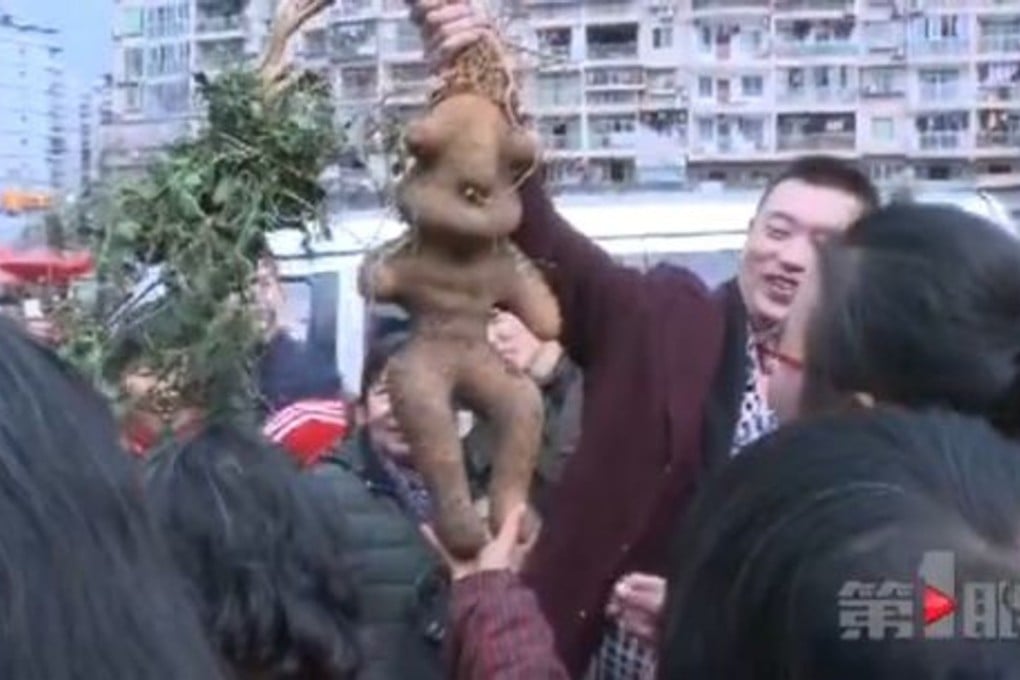 A Chinese man discovered a human-shaped tuber weighing 12kg on a building site in the southern city of Shenzhen. Photo: Cq.qq.com