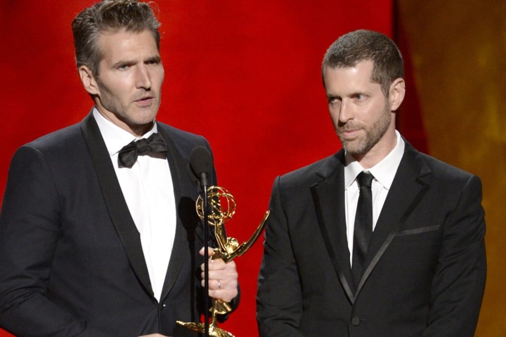 David Benioff, left, and D.B. Weiss accept the award for outstanding writing for a drama series for Game of Thrones at the 67th Primetime Emmy Awards in Los Angelesin September 2015. Photo: Phil McCarten/Invision/AP