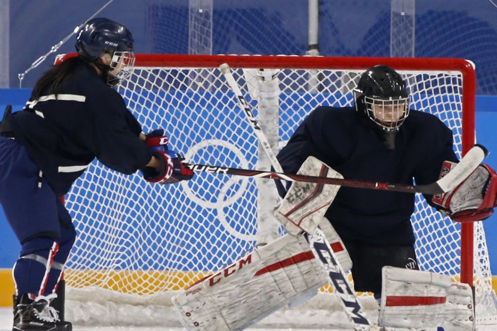 Members of the unified Korean women's hockey team practise at the Kwandong Hockey Centre for the PyeongChang Winter Olympic Games 2018. The decision to field a unified team came after a meeting between North and South Korea, following tensions on Korean peninsula. Photo: EPA-EFE
