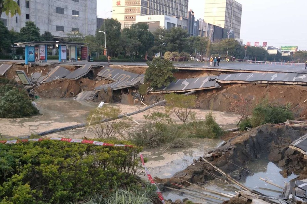 At least eight people were killed when a 30-metre section of an eight-lane road collapsed in downtown Foshan, southern China’s Guangdong province, on Wednesday. Photo: Weibo.