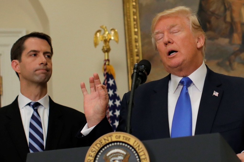 Senator Tom Cotton (left) introduced the bill together with Senator Marco Rubio. The administration of US President Donald Trump (right) has taken a harder line on policies towards China. Photo: Reuters