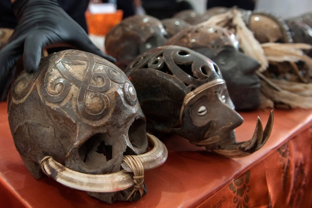 Customs officers display some of the 24 human skulls, believed to be from Papua and Kalimantan, after they were stopped from being posted to the Netherlands. Photo: Reuters