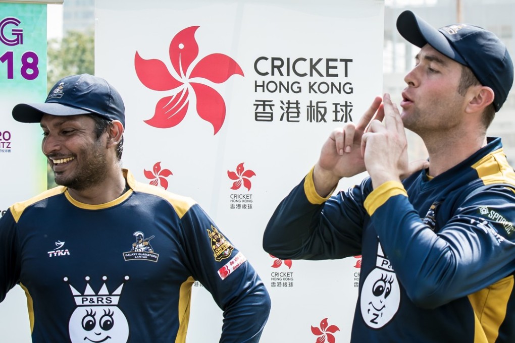Man of the match Dan Pascoe (right) does his gunman celebration at the post-match ceremony with Kumar Sangakkara. Photo: Ike Images