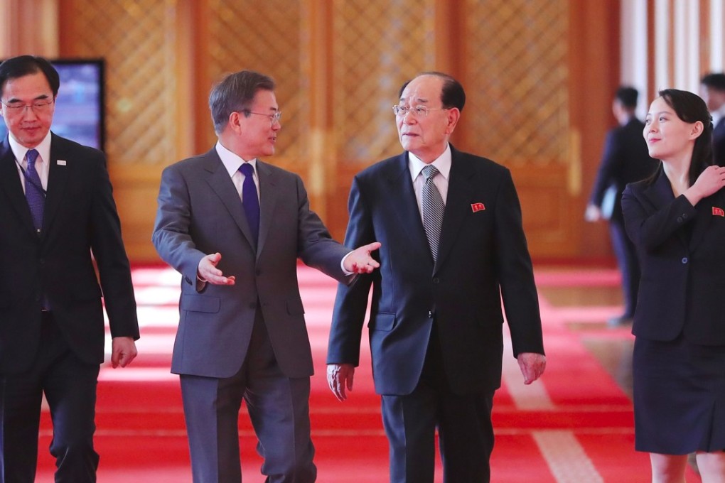 South Korea’s President Moon Jae-in with North Korea's ceremonial head of state Kim Yong-nam and Kim Yo-jong, the younger sister of Kim Jong-un. Photo: AFP